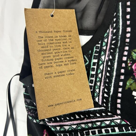 Paper Crane Black Geometric Floral Shift Dress With Bell Sleeves open Back S USA - Picture 9 of 12